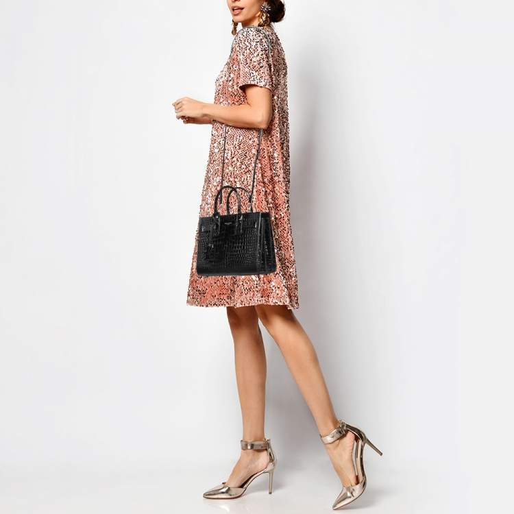 مملوكة مسبقًا Saint Laurent Black Croc Embossed Leather Nano Classic Sac De Jour Tote