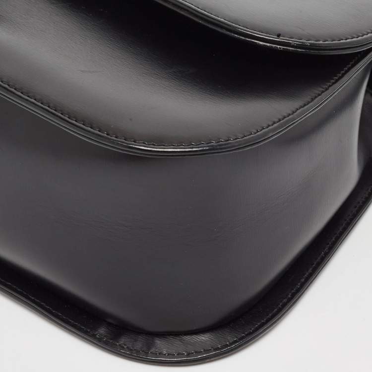 Pre Owned Saint Laurent Black Leather Logo Flap Shoulder Bag