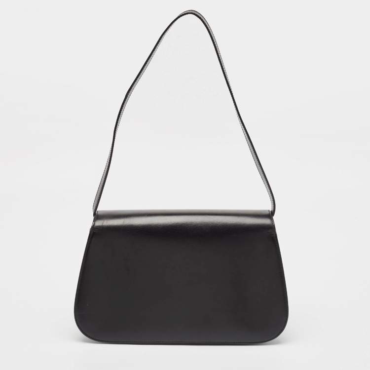 Pre Owned Saint Laurent Black Leather Logo Flap Shoulder Bag