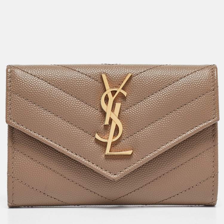 Pre Owned Saint Laurent Beige Matelassé Leather Cassandra Compact Wallet