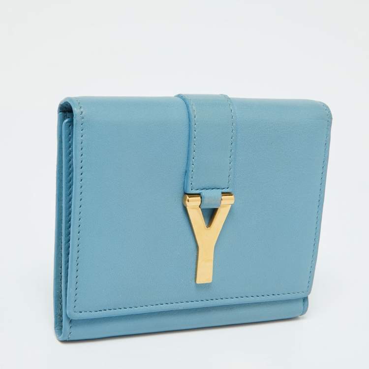 Pre Owned Saint Laurent Blue Leather Chyc Compact Wallet