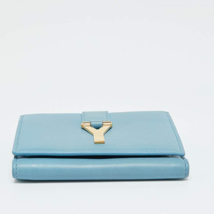 Pre Owned Saint Laurent Blue Leather Chyc Compact Wallet