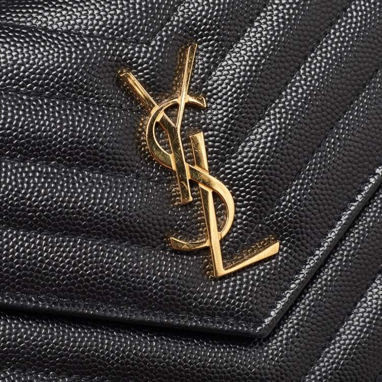 Pre Owned Saint Laurent Black Matelassé Leather Monogram Envelope Wallet on Chain