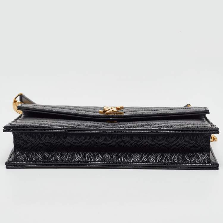 Pre Owned Saint Laurent Black Matelassé Leather Monogram Envelope Wallet on Chain