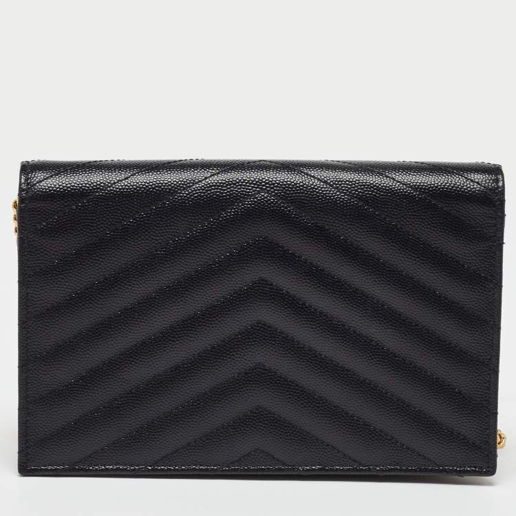 Pre Owned Saint Laurent Black Matelassé Leather Monogram Envelope Wallet on Chain