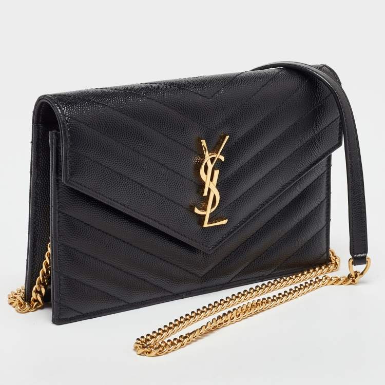 Pre Owned Saint Laurent Black Matelassé Leather Monogram Envelope Wallet on Chain