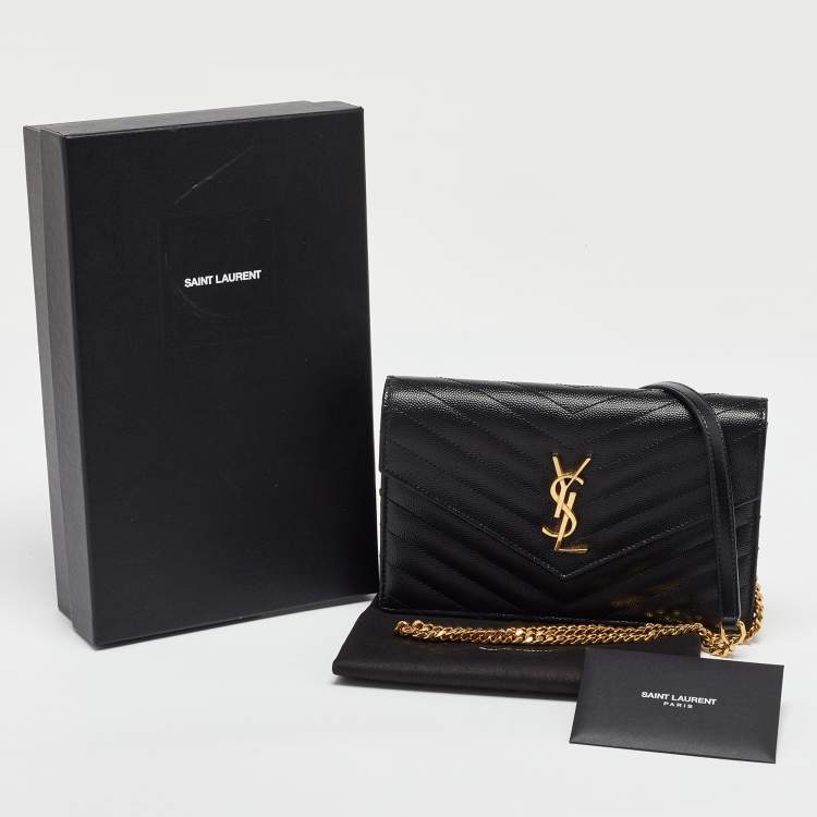 Pre Owned Saint Laurent Black Matelassé Leather Monogram Envelope Wallet on Chain
