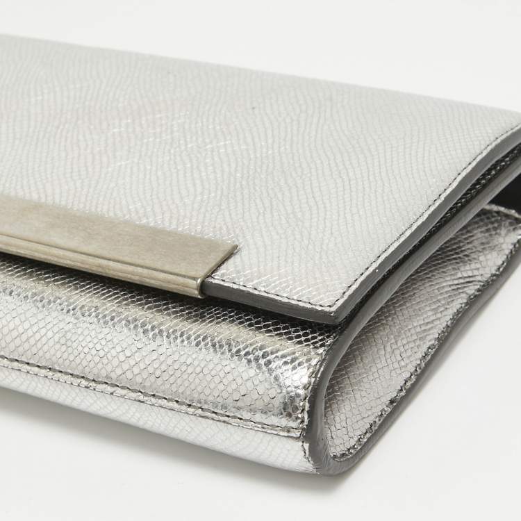Pre Owned Saint Laurent Silver Lizard Embossed Leather Lutetia Clutch