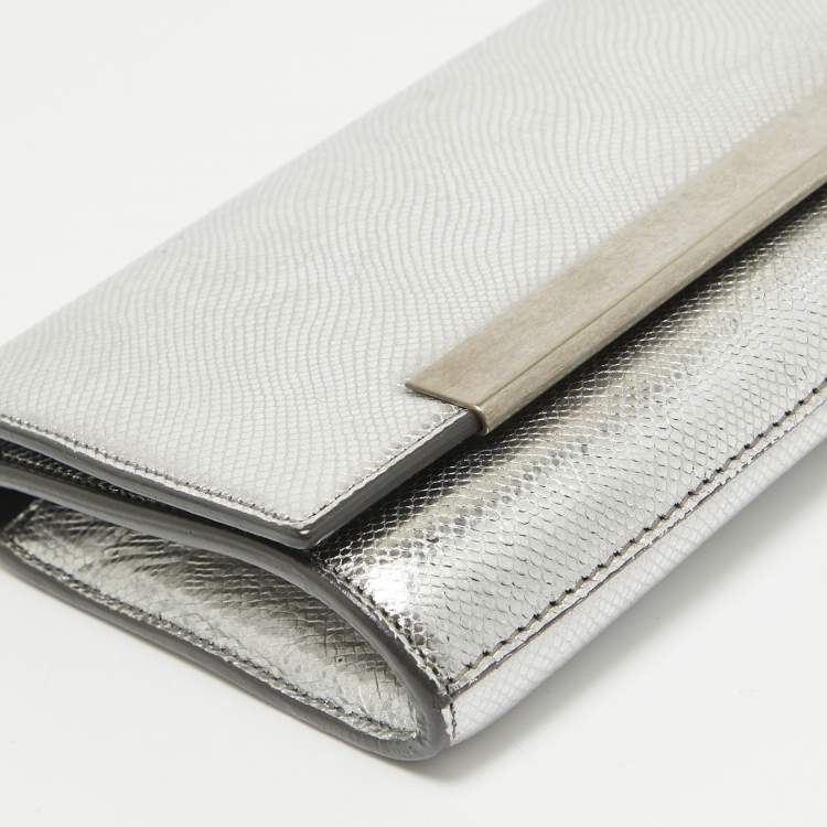 Pre Owned Saint Laurent Silver Lizard Embossed Leather Lutetia Clutch