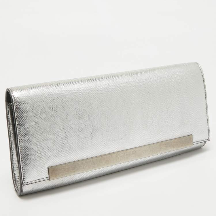 Pre Owned Saint Laurent Silver Lizard Embossed Leather Lutetia Clutch