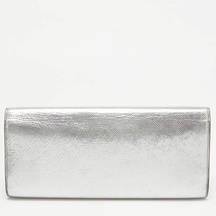 Pre Owned Saint Laurent Silver Lizard Embossed Leather Lutetia Clutch
