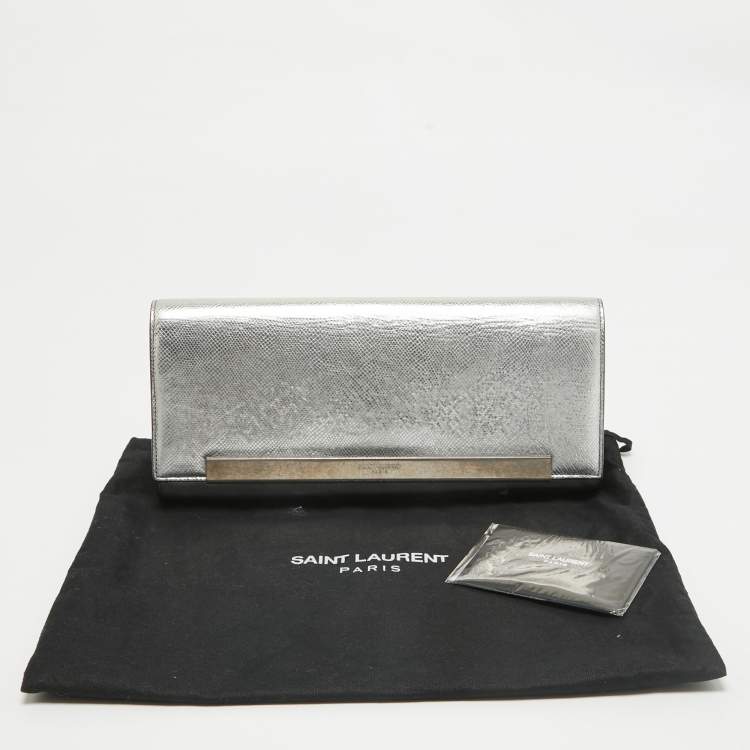 Pre Owned Saint Laurent Silver Lizard Embossed Leather Lutetia Clutch