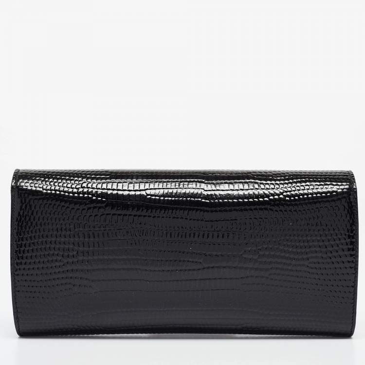 Pre Owned Saint Laurent Black Lizard Embossed Patent Leather Muse Clutch