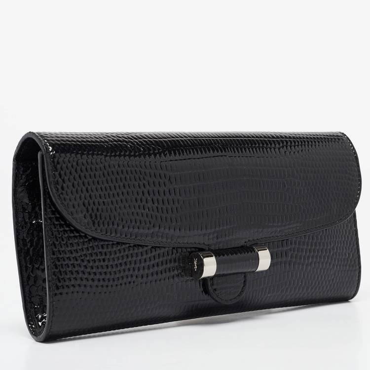 Pre Owned Saint Laurent Black Lizard Embossed Patent Leather Muse Clutch