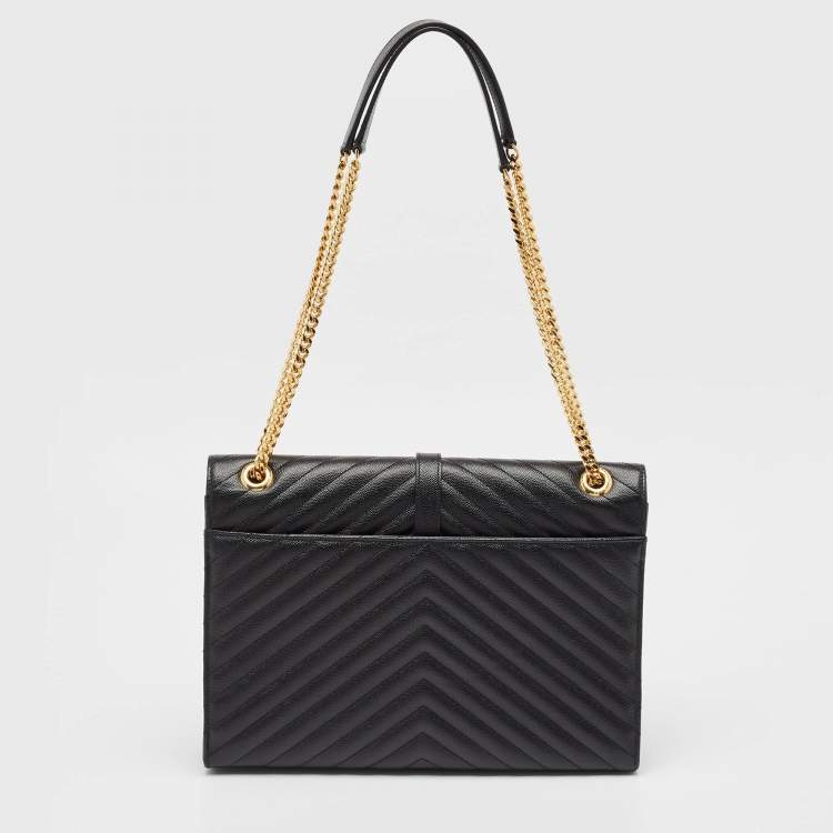 Pre Owned Saint Laurent Black Matelassé Leather Large Monogram Envelope Shoulder Bag