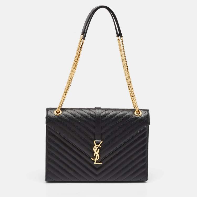 Pre Owned Saint Laurent Black Matelassé Leather Large Monogram Envelope Shoulder Bag