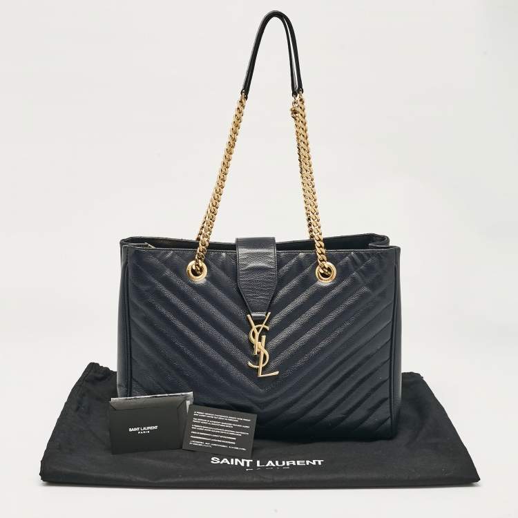 Pre Owned Saint Laurent Navy Blue Matelassé Leather Monogram Shopper Tote