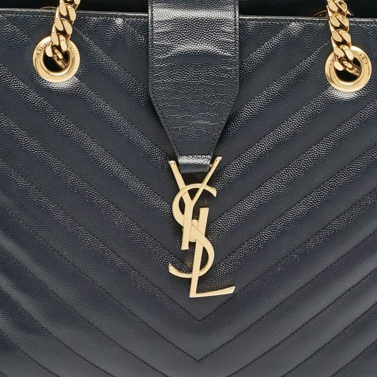 Pre Owned Saint Laurent Navy Blue Matelassé Leather Monogram Shopper Tote