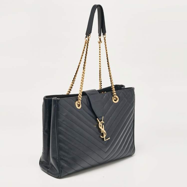Pre Owned Saint Laurent Navy Blue Matelassé Leather Monogram Shopper Tote