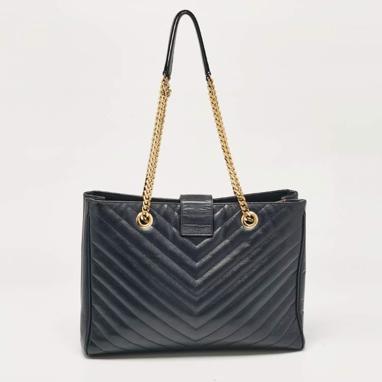Pre Owned Saint Laurent Navy Blue Matelassé Leather Monogram Shopper Tote