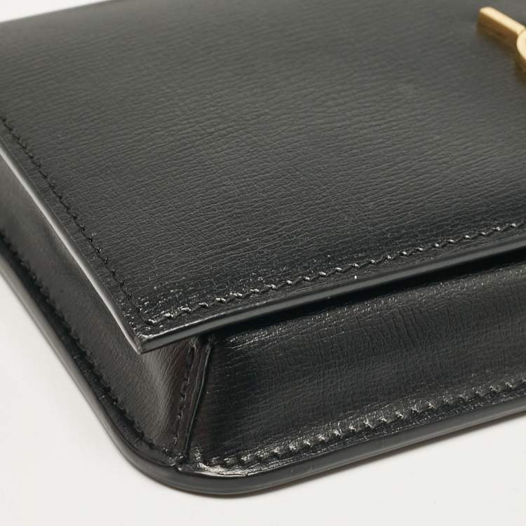 Pre Owned Saint Laurent Black Leather Cassandre Phone Holder Crossbody Bag