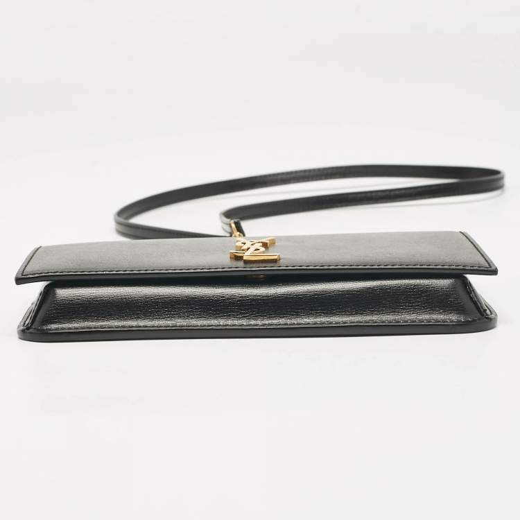 Pre Owned Saint Laurent Black Leather Cassandre Phone Holder Crossbody Bag