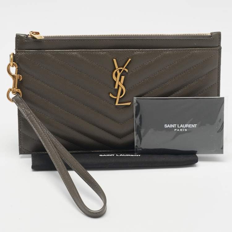 Pre Owned Saint Laurent Olive Green Matelassé Leather Large Cassandre Zip Pouch