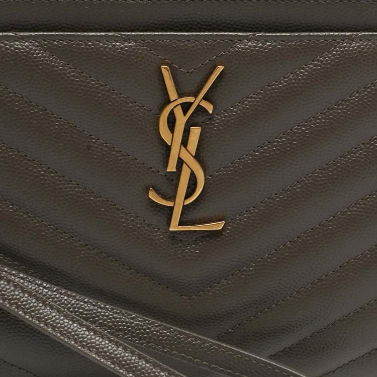 Pre Owned Saint Laurent Olive Green Matelassé Leather Large Cassandre Zip Pouch