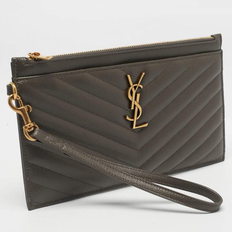 Pre Owned Saint Laurent Olive Green Matelassé Leather Large Cassandre Zip Pouch