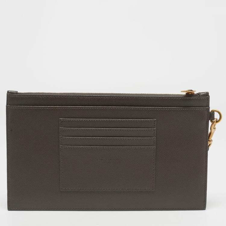 Pre Owned Saint Laurent Olive Green Matelassé Leather Large Cassandre Zip Pouch