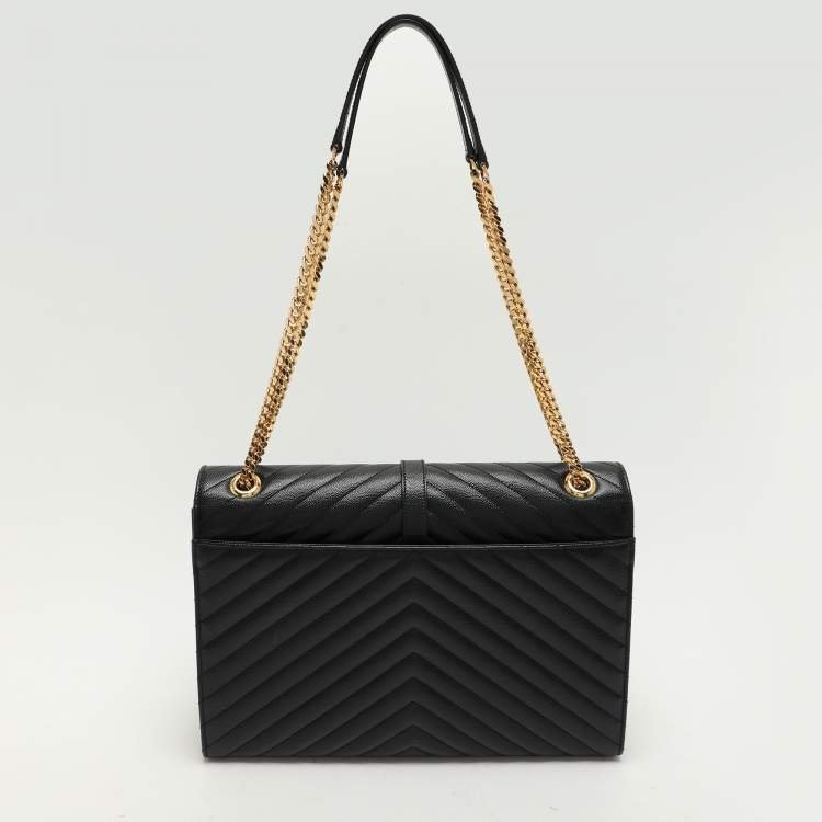 Pre Owned Saint Laurent Black Matelassé Leather Large Monogram Envelope Shoulder Bag