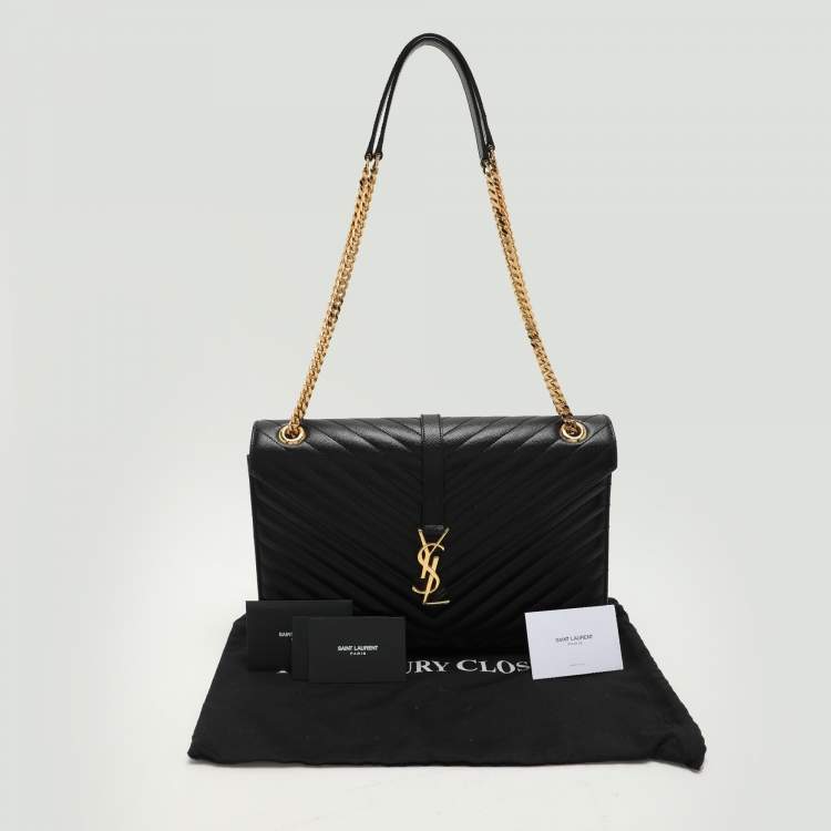 Pre Owned Saint Laurent Black Matelassé Leather Large Monogram Envelope Shoulder Bag