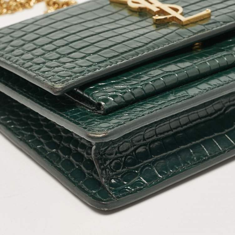 Pre Owned Saint Laurent Green Croc Embossed Leather Sunset Wallet on Chain
