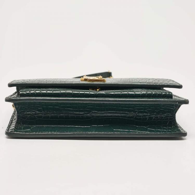 Pre Owned Saint Laurent Green Croc Embossed Leather Sunset Wallet on Chain