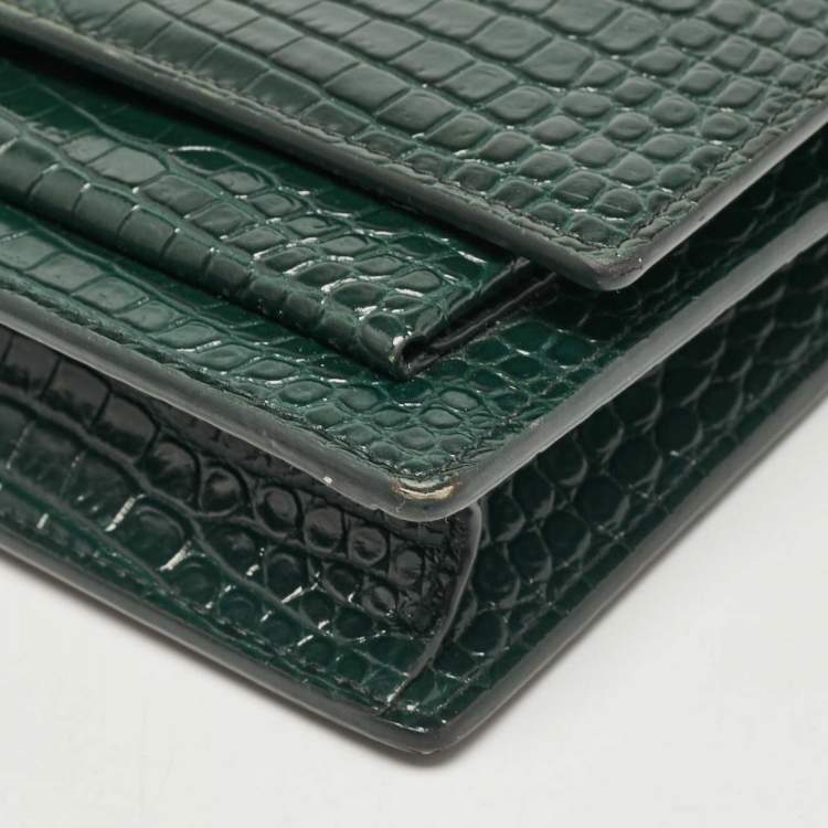 Pre Owned Saint Laurent Green Croc Embossed Leather Sunset Wallet on Chain