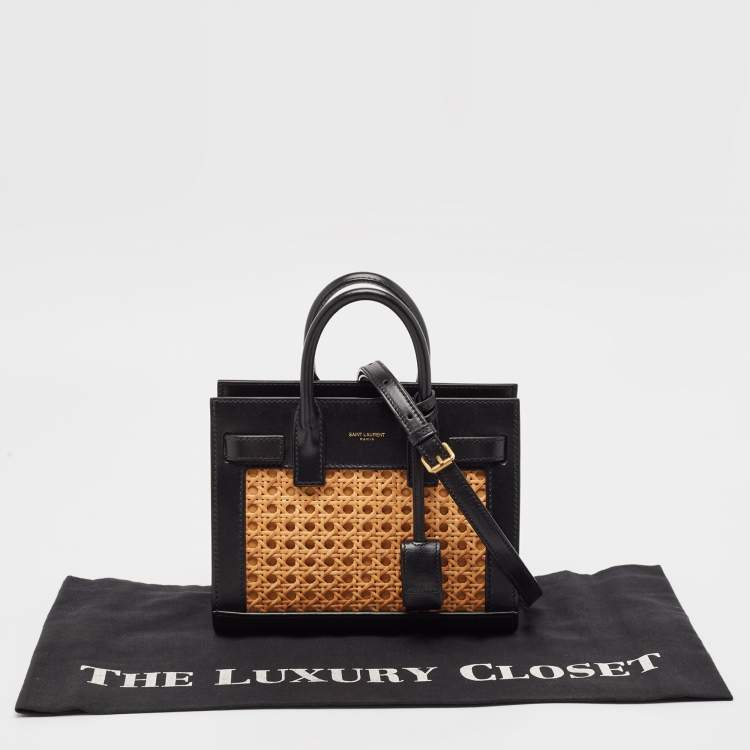 مملوكة مسبقًا Saint Laurent Black/Beige Leather and Bamboo Woven Nano Sac De Jour Tote