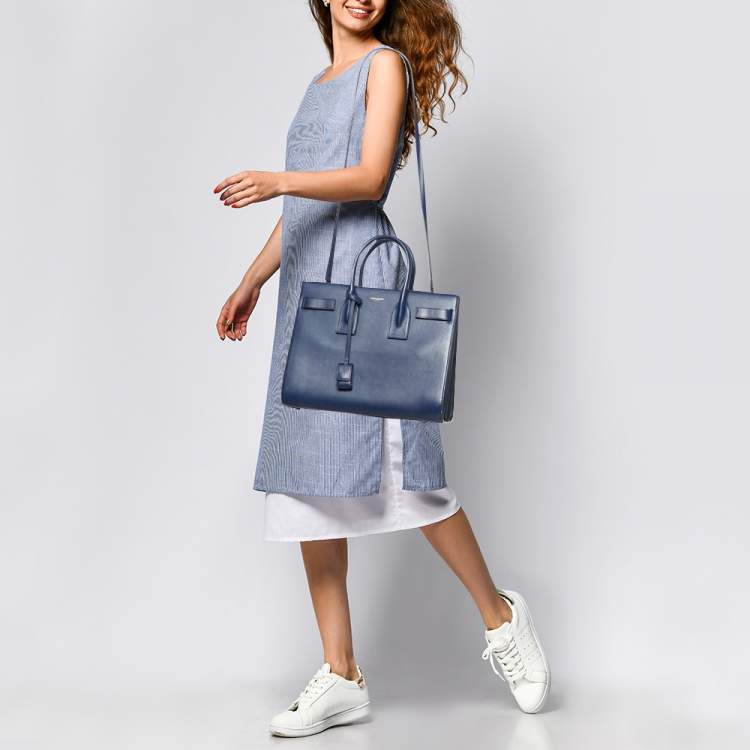 Pre Owned Saint Laurent Blue Leather Small Classic Sac De Jour Tote