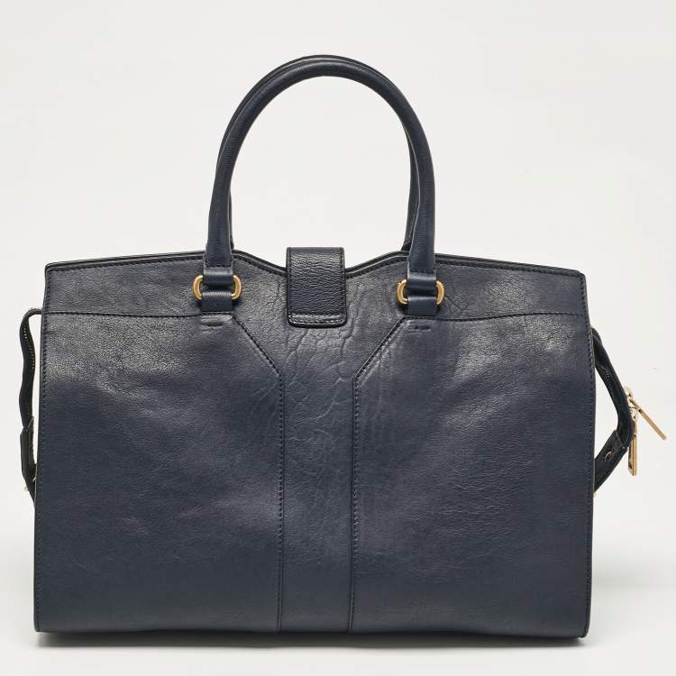 Pre Owned Saint Laurent Navy Blue Leather Medium Cabas Chyc Tote