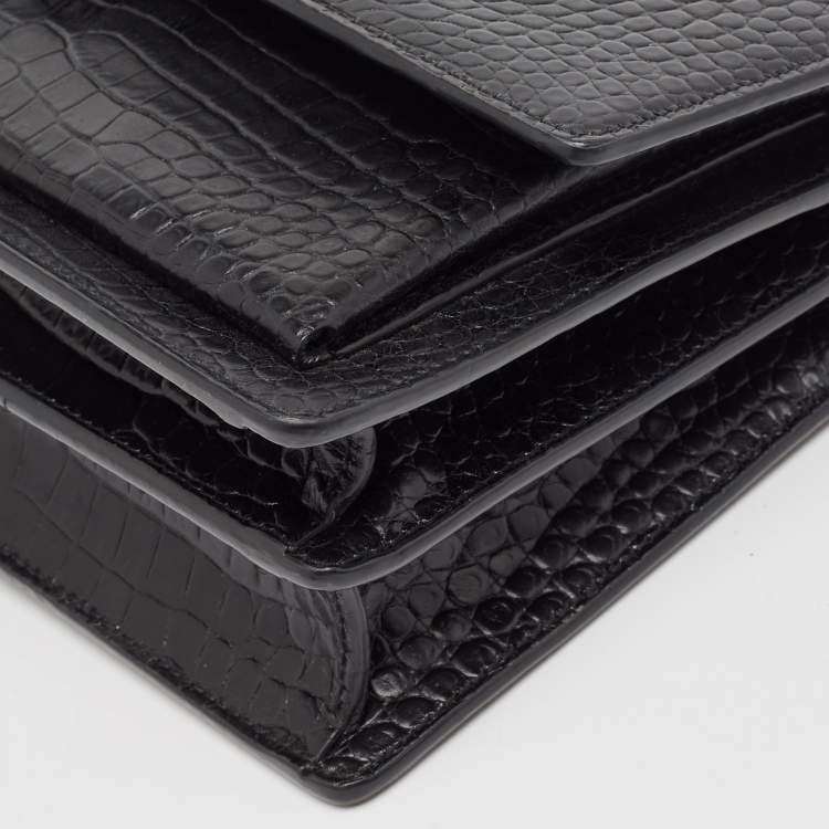 Pre Owned Saint Laurent Black Croc Embossed Leather Medium Sunset Bag