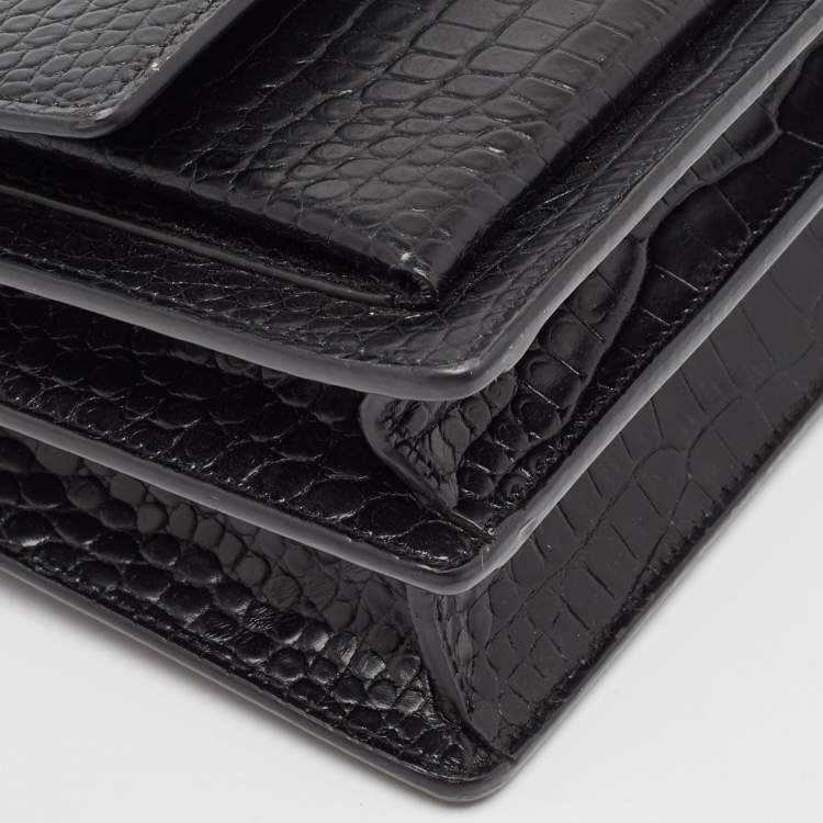 Pre Owned Saint Laurent Black Croc Embossed Leather Medium Sunset Bag