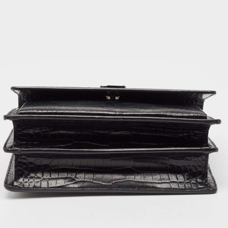 Pre Owned Saint Laurent Black Croc Embossed Leather Medium Sunset Bag