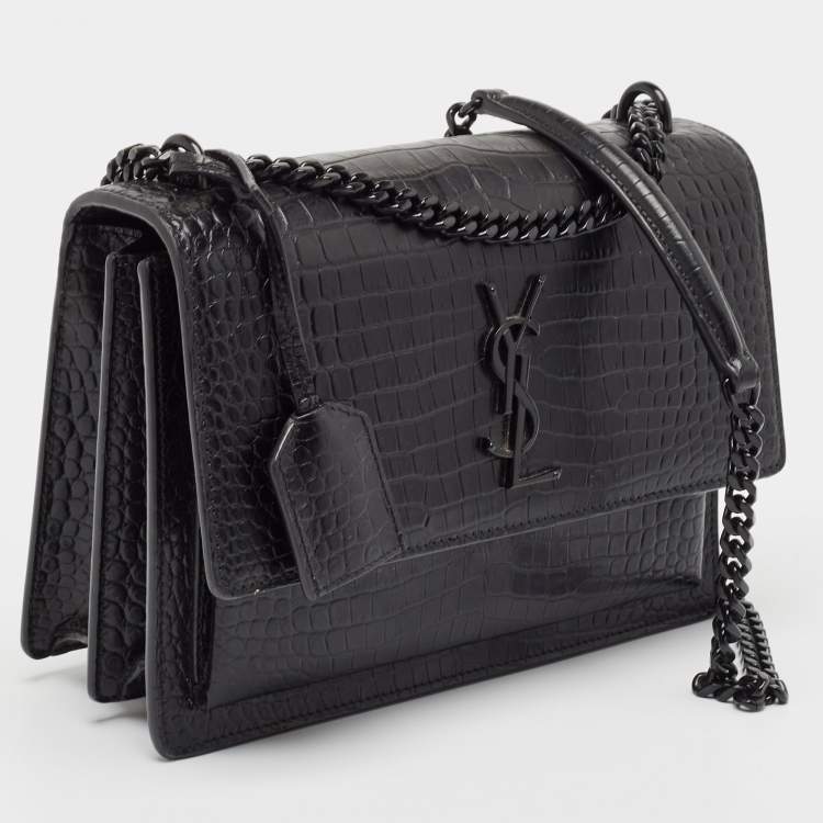 Pre Owned Saint Laurent Black Croc Embossed Leather Medium Sunset Bag