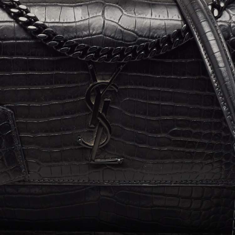 Pre Owned Saint Laurent Black Croc Embossed Leather Medium Sunset Bag
