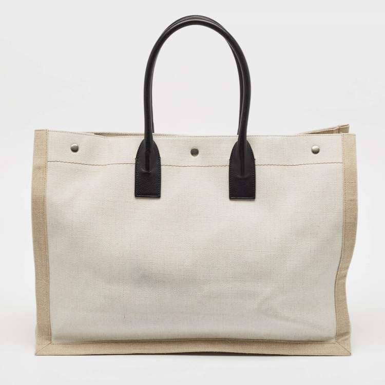 Pre Owned Saint Laurent Two Tone Beige Canvas Large Rive Gauche Tote