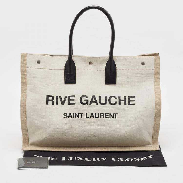 Pre Owned Saint Laurent Two Tone Beige Canvas Large Rive Gauche Tote