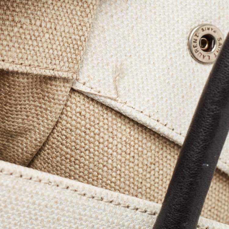 Pre Owned Saint Laurent Two Tone Beige Canvas Large Rive Gauche Tote