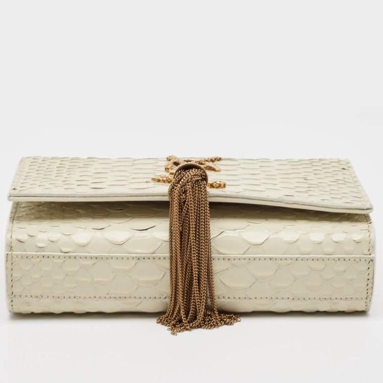 Pre Owned Saint Laurent Off White Python Embossed Leather Small Kate Tassel Crossbody Bag