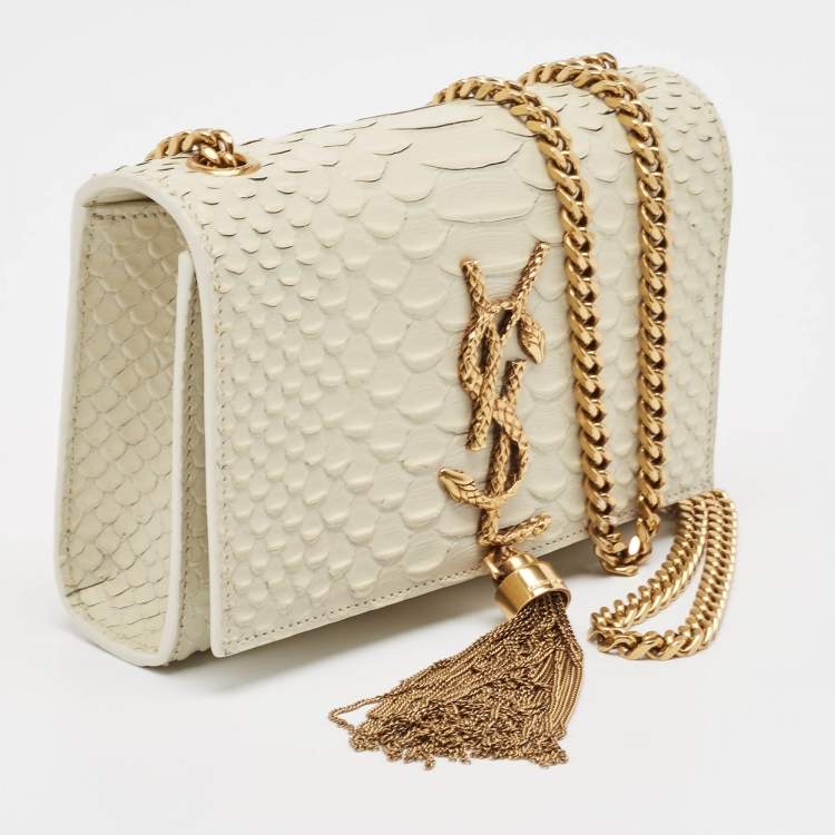 Pre Owned Saint Laurent Off White Python Embossed Leather Small Kate Tassel Crossbody Bag