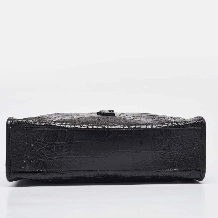 Pre Owned Saint Laurent Black Croc Embossed Leather Medium Monogram Nikki Tote