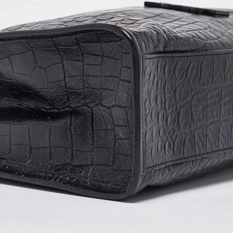 Pre Owned Saint Laurent Black Croc Embossed Leather Medium Monogram Nikki Tote